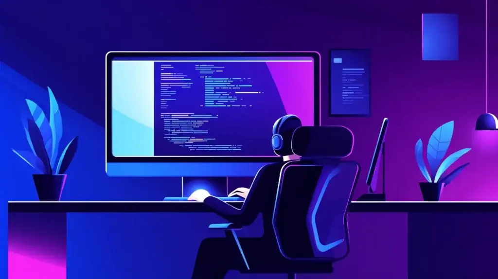 A futuristic illustration of an IT professional coding on a large screen in a high-tech workspace.