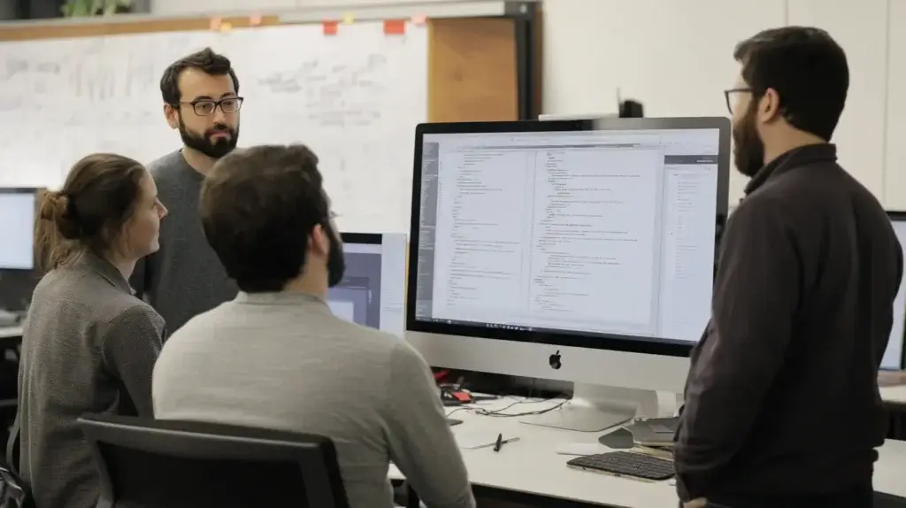 A team of IT professionals collaborating in an office, analyzing code on a large computer screen, representing IT solutions.