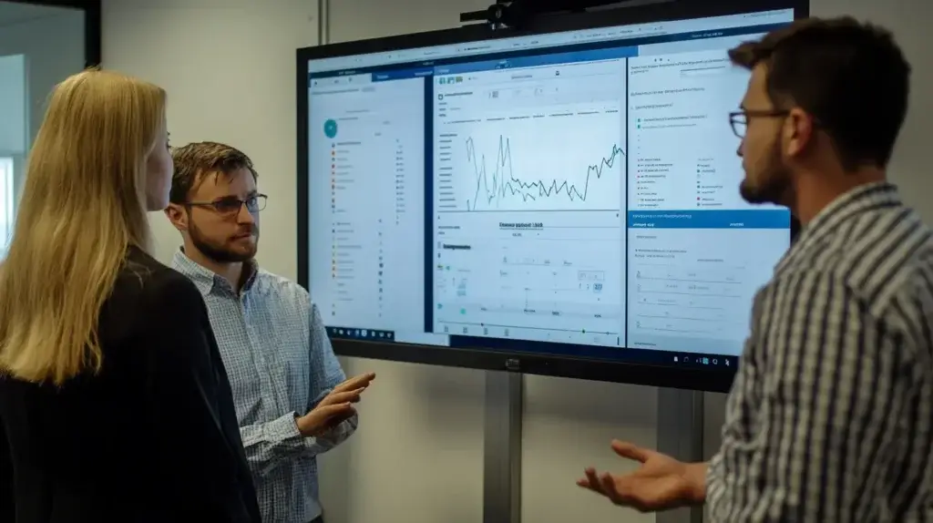 Business professionals analyzing IT service management data on a large screen during an ITIL 4 strategy meeting.