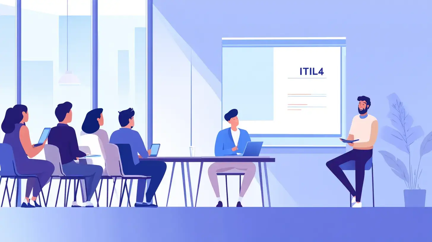 A business professional presenting an ITIL 4 training session to a group of employees in a modern office setting.