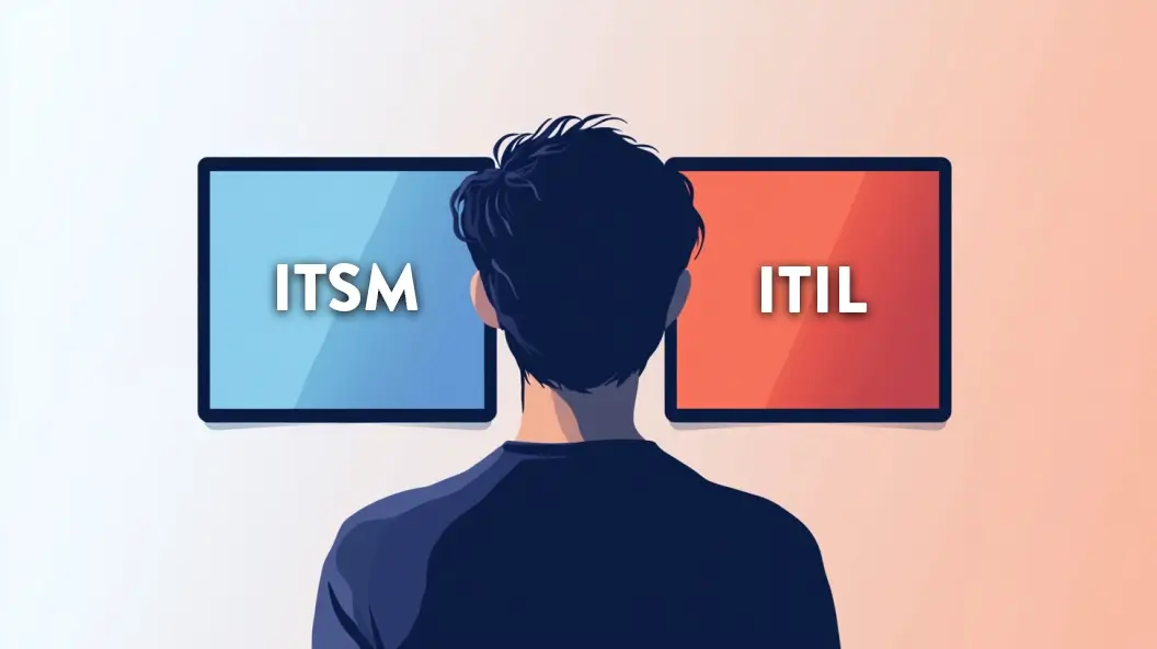 ITSM vs ITIL concept with a person choosing between two options on screens.