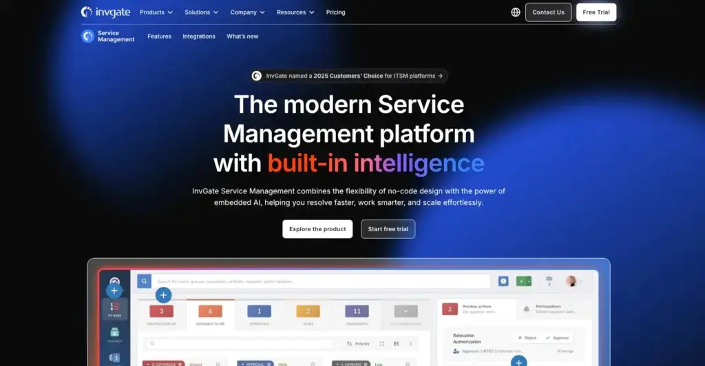 InvGate Service Management homepage highlighting AI-powered platform with a modern dashboard and built-in intelligence features.