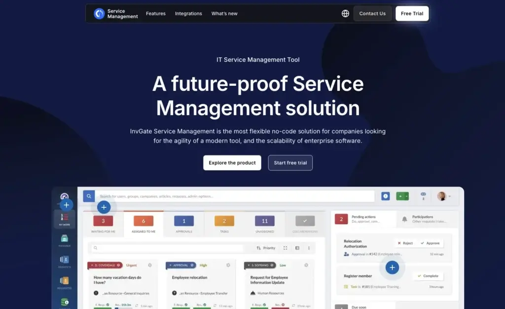 InvGate Service Management dashboard promoting no-code ITSM tools