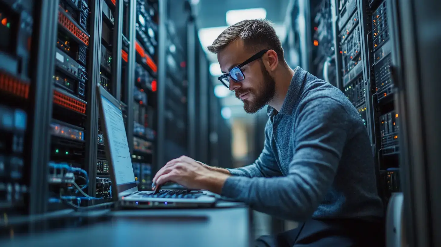 IT professional managing a CMDB on a laptop in a server room, surrounded by network equipment.