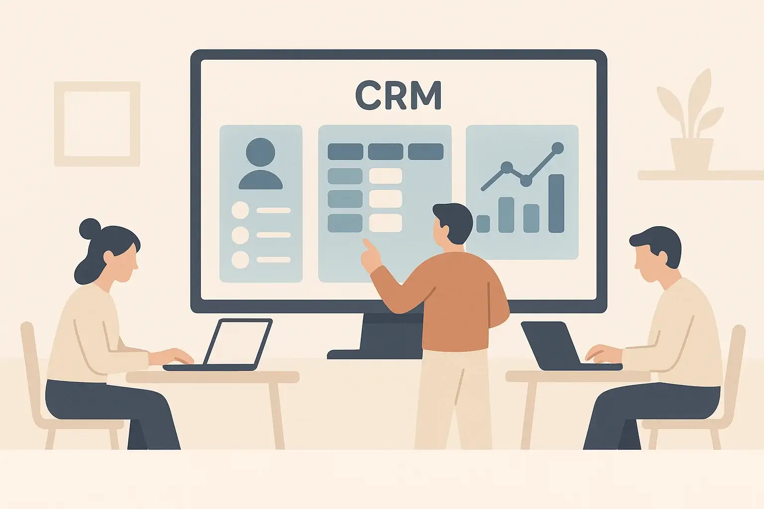 Team using CRM software on a large screen in a workspace during crm implementation training