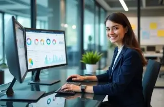 Professional woman using AI-powered CRM dashboard with data analytics