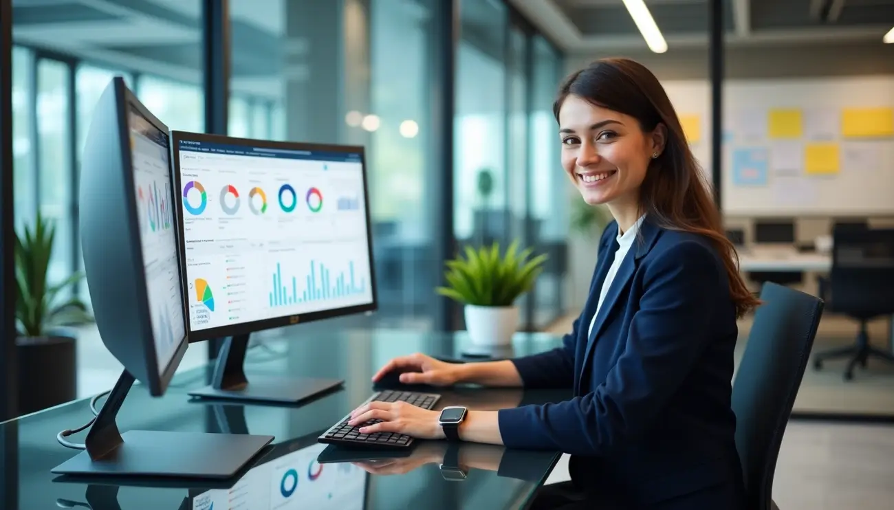 Professional woman using AI-powered CRM dashboard with data analytics