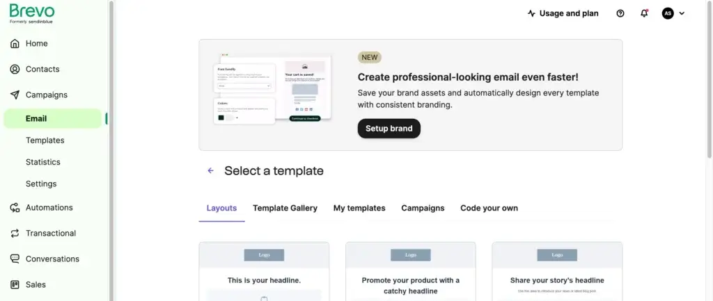 Brevo email editor with template selection and branding setup