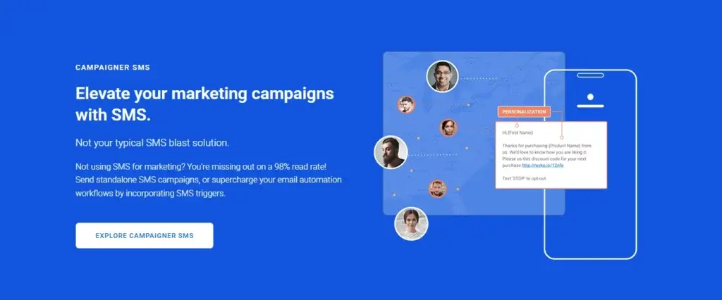 Campaigner SMS marketing feature highlighting personalized messaging, automation triggers, and high engagement rates.
