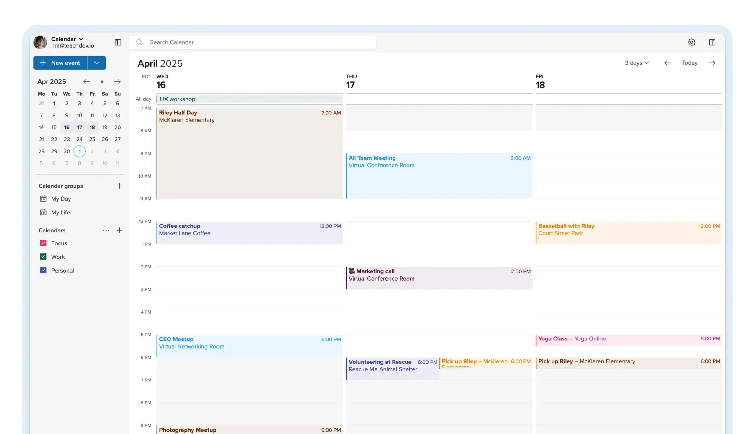 Fastmail calendar view with events organized by color-coded labels and custom categories