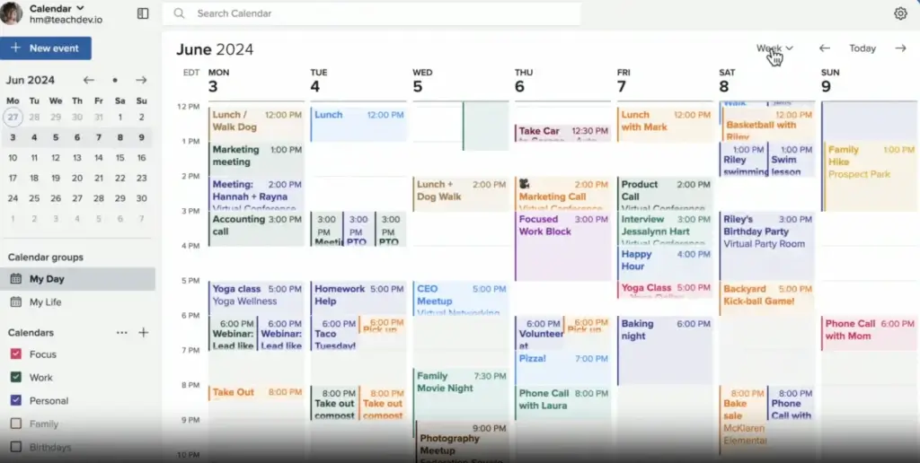 Fastmail calendar view with events organized by color-coded labels and custom categories