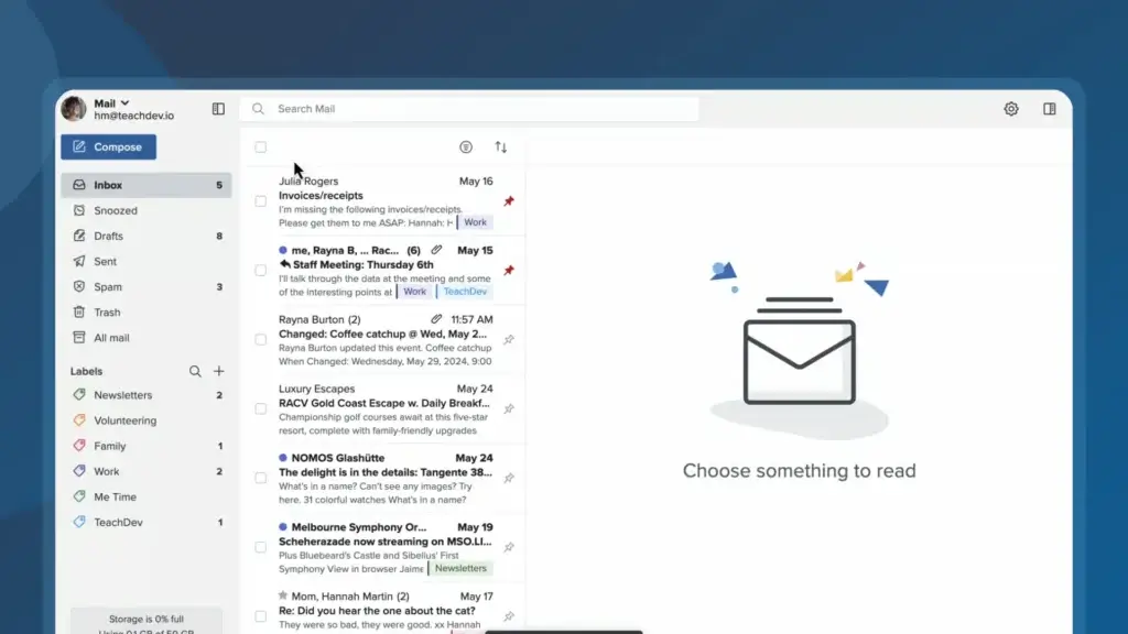 Fastmail inbox showing multiple emails with custom labels