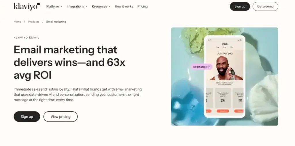 Klaviyo email marketing platform homepage highlighting 63x average ROI with personalized AI-driven customer segmentation and messaging.