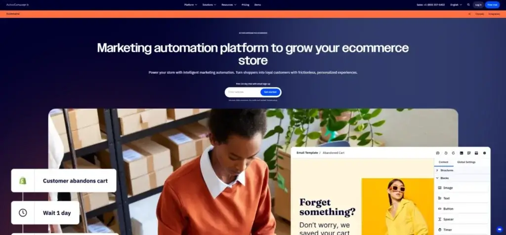 ActiveCampaign homepage highlighting marketing automation for eCommerce, with visual showing an abandoned cart email template and automation flow.