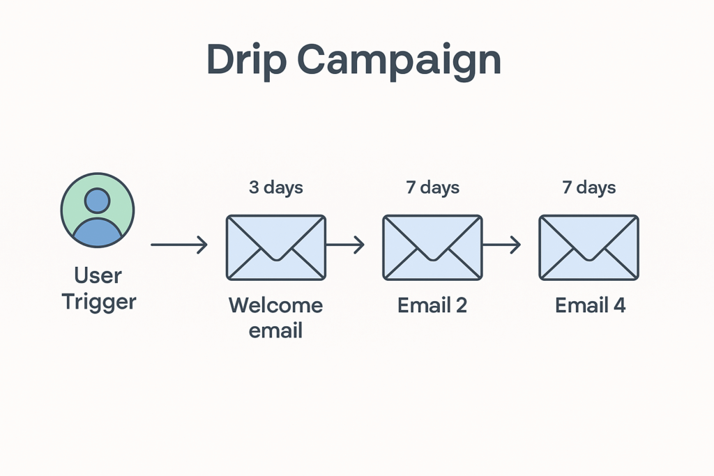 Flowchart showing how a drip campaign progresses from a user trigger through a series of timed emails.