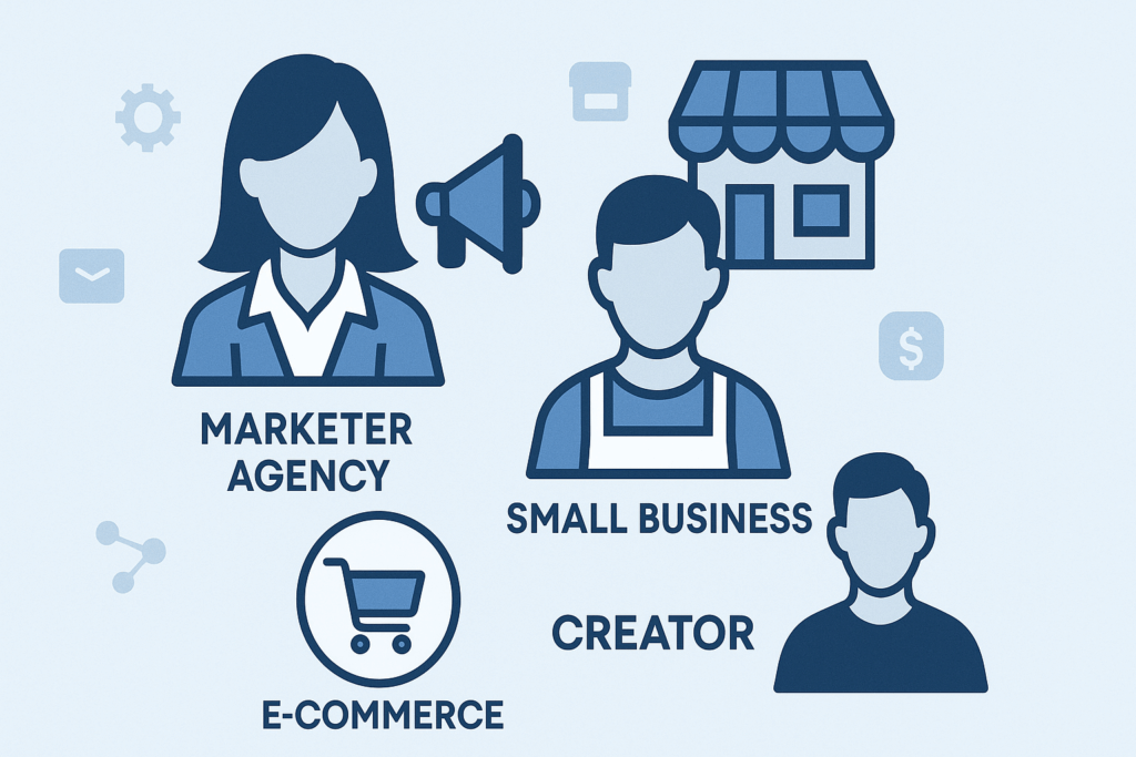 Different types of email marketing tool users: marketer/agency, small business owner, e-commerce store, and creator.