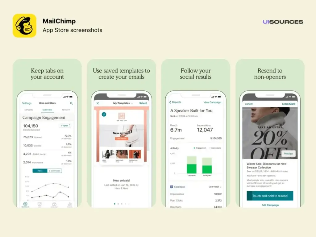 Mailchimp mobile app screenshots showing campaign stats, email templates, social media results, and resend to non-openers feature.