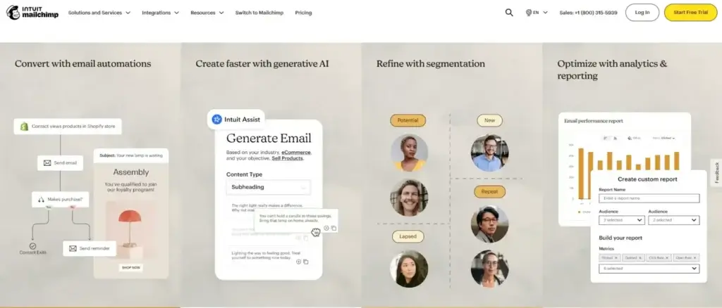 Mailchimp homepage showcasing automation, AI email generation, audience segmentation, and performance reporting features.