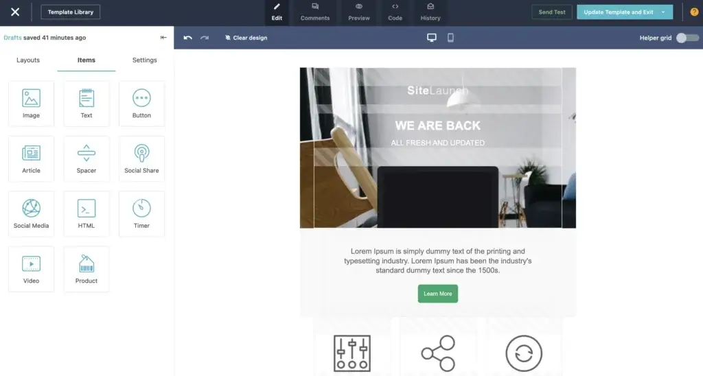 Moosend drag-and-drop email editor with layout and content blocks