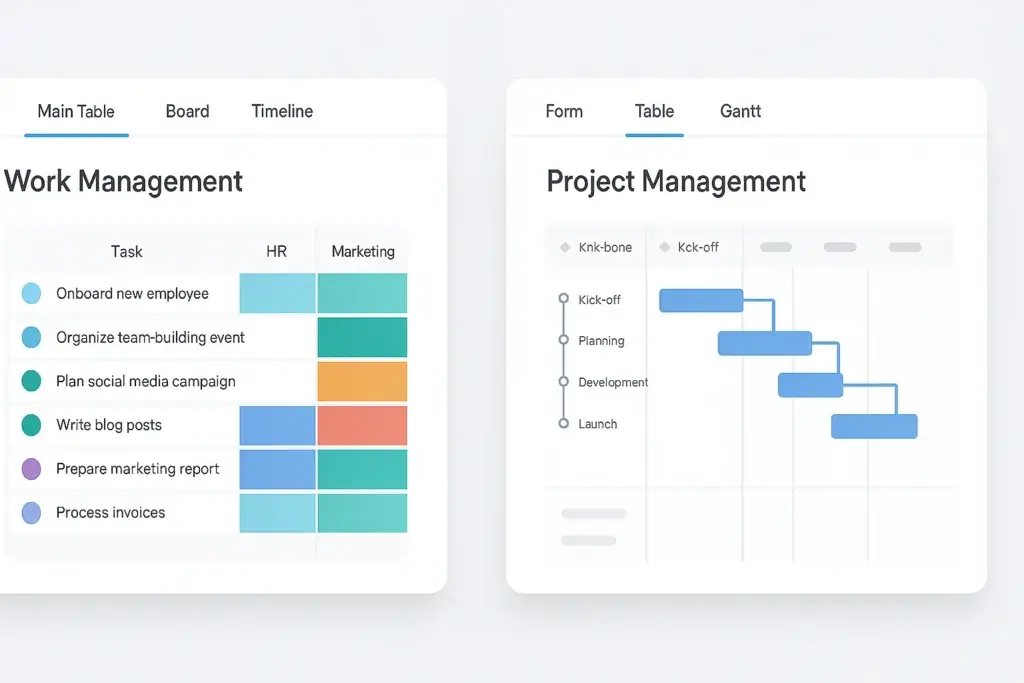 Side-by-side UI of work management and project management tools