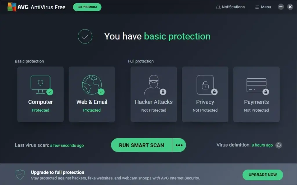 AVG Free Antivirus dashboard highlighting basic protection and upgrade options