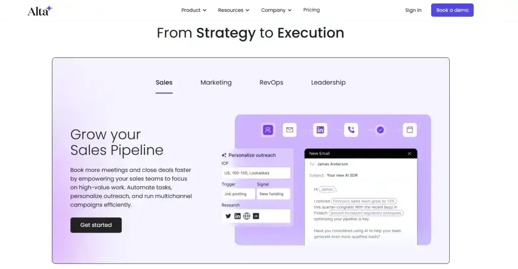 Alta HQ homepage showcasing its AI-powered sales pipeline tools for outreach personalization and multichannel campaign execution