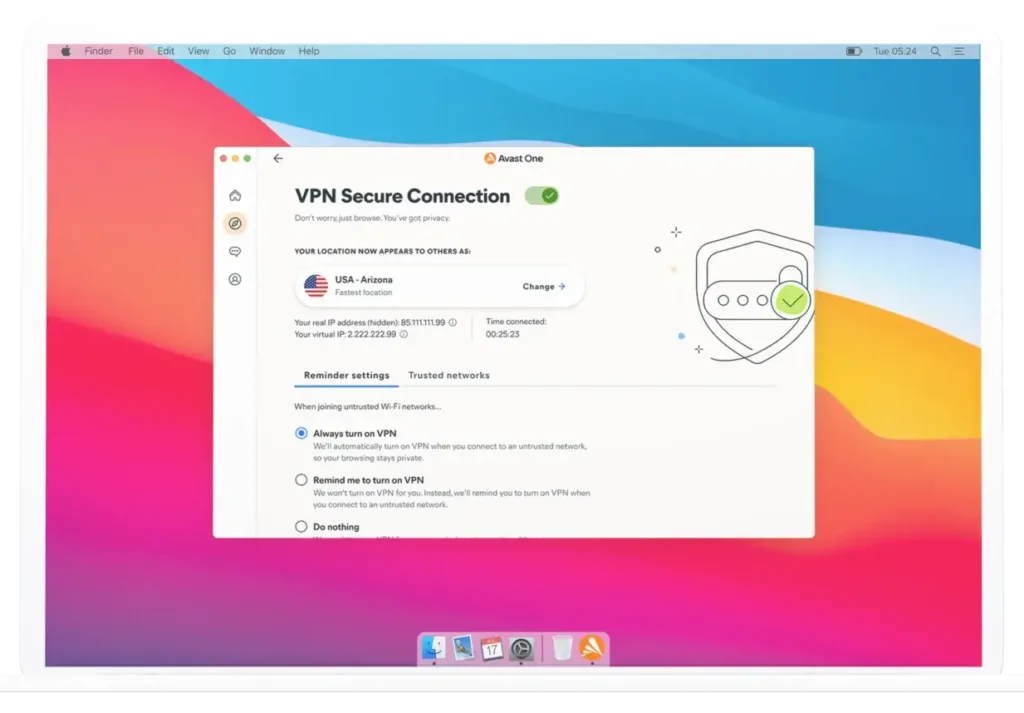 Avast One VPN settings displayed on a MacBook running macOS Big Sur, showing secure VPN connection and privacy features.