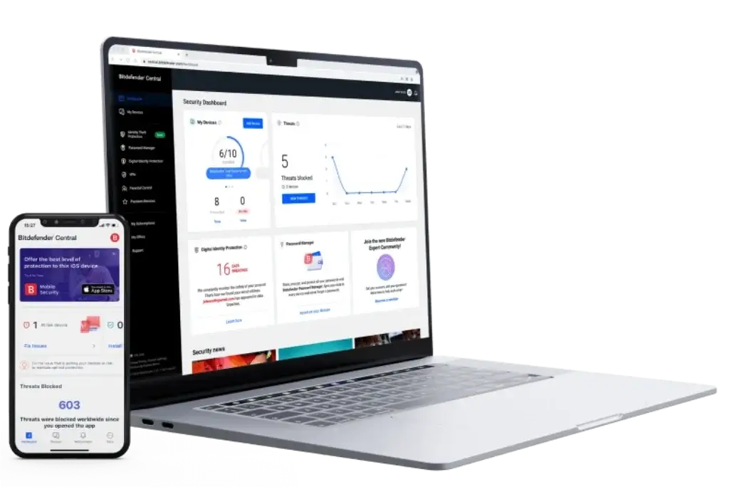 Bitdefender Central dashboard on MacBook and iPhone showing active threat blocking, password manager, and device security.