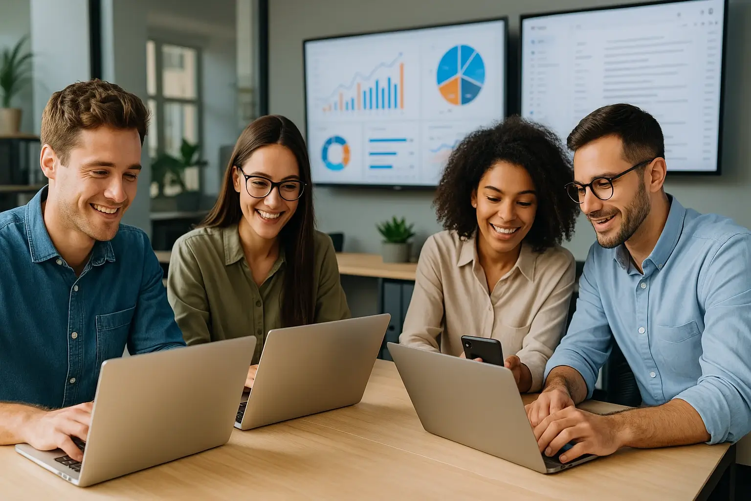 Startup sales team collaborating on laptops with sales dashboards in the background