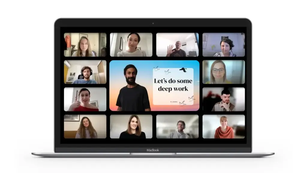 Facilitator leading a Flown deep work session with multiple remote workers on video call using Flown platform.