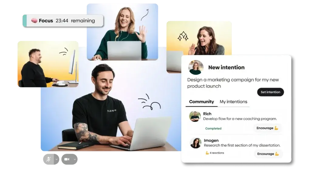 Virtual coworking session on Flown with users setting intentions and focusing through body doubling.