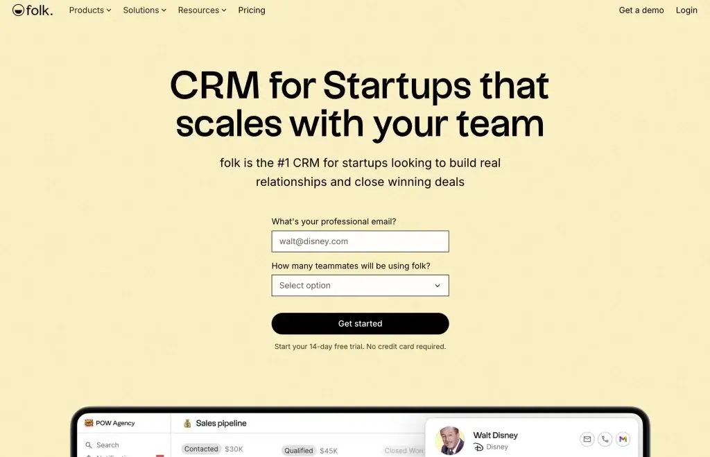 Folk CRM homepage showing a signup form for startups, highlighting a scalable CRM designed to grow with teams.