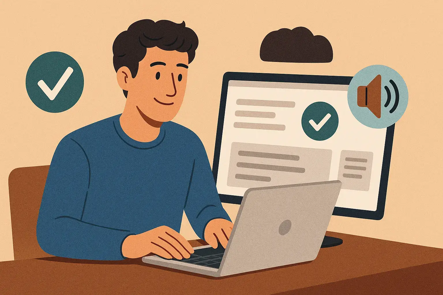 Man using accessible online form with assistive features on screen, including audio and checkmark icons.