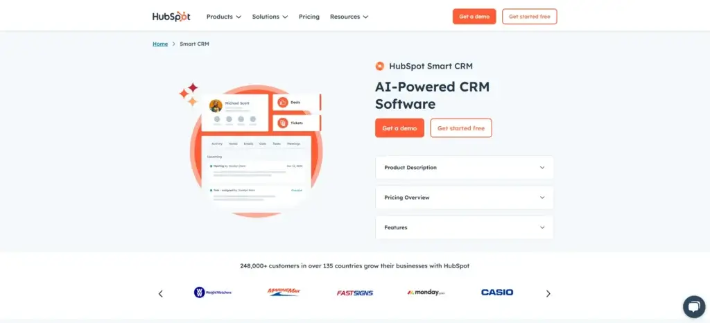 HubSpot Smart CRM homepage featuring AI-powered tools for deals, tickets, and tasks