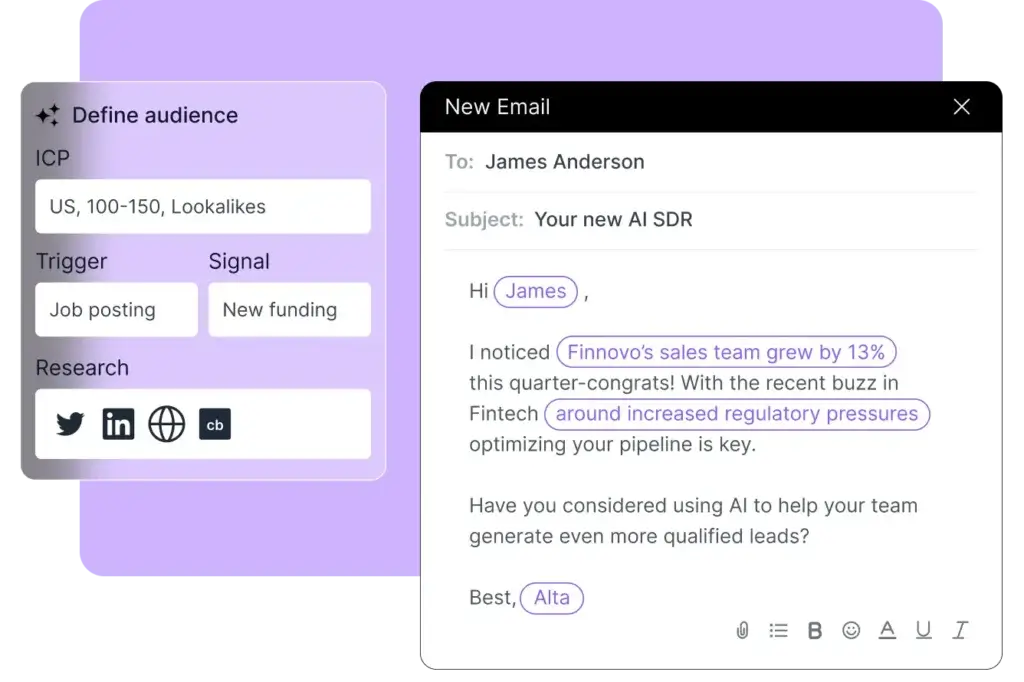 Alta AI’s Katie agent drafting a personalized cold email using real-time data and trigger signals