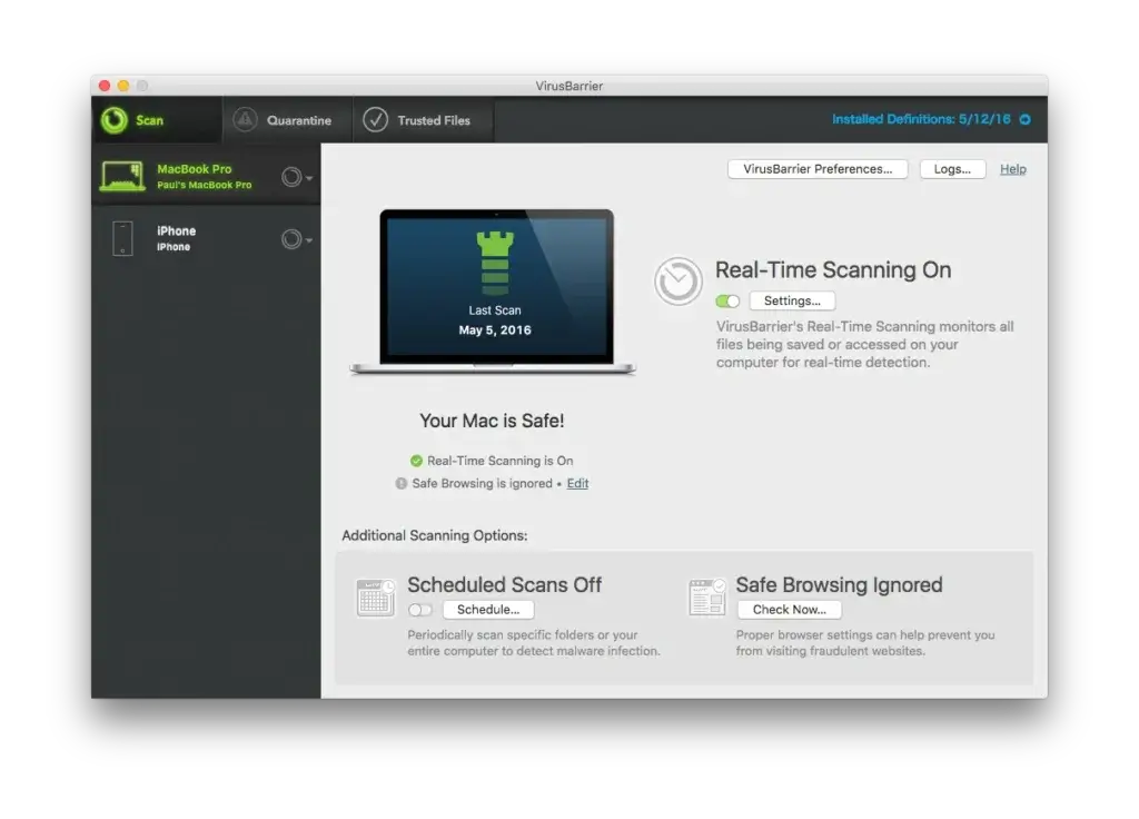 Screenshot of Intego VirusBarrier showing real-time scanning active and system status marked as safe