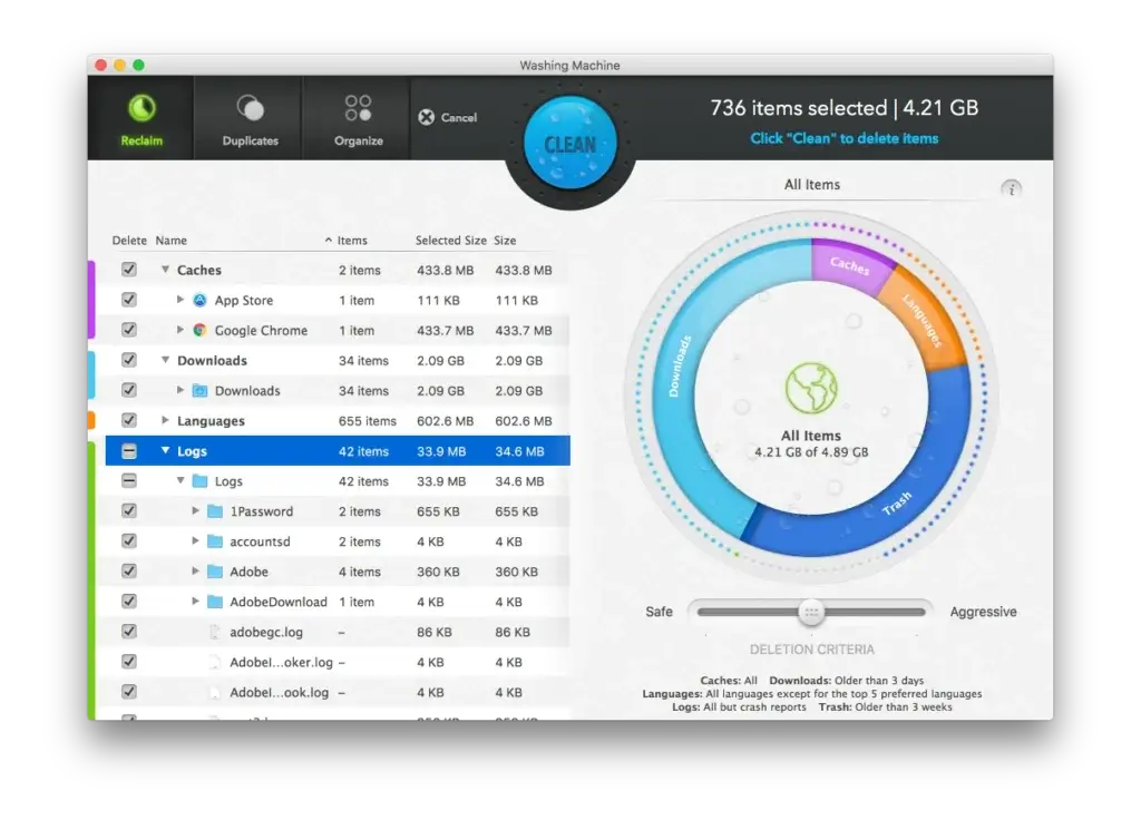 Intego Washing Machine app interface showing disk cleanup options with a circular visual display of storage categories