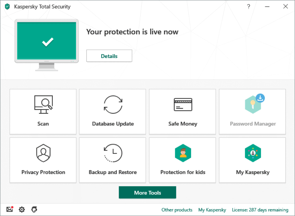 Kaspersky Total Security dashboard with scanning, privacy tools, and password management