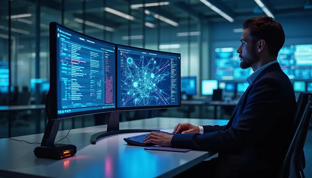 Illustration of Next-Generation Antivirus software protecting devices using AI and cloud-based scanning
