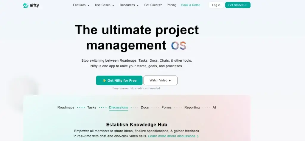 Nifty project management homepage highlighting task, chat, doc, and roadmap features for unified team collaboration