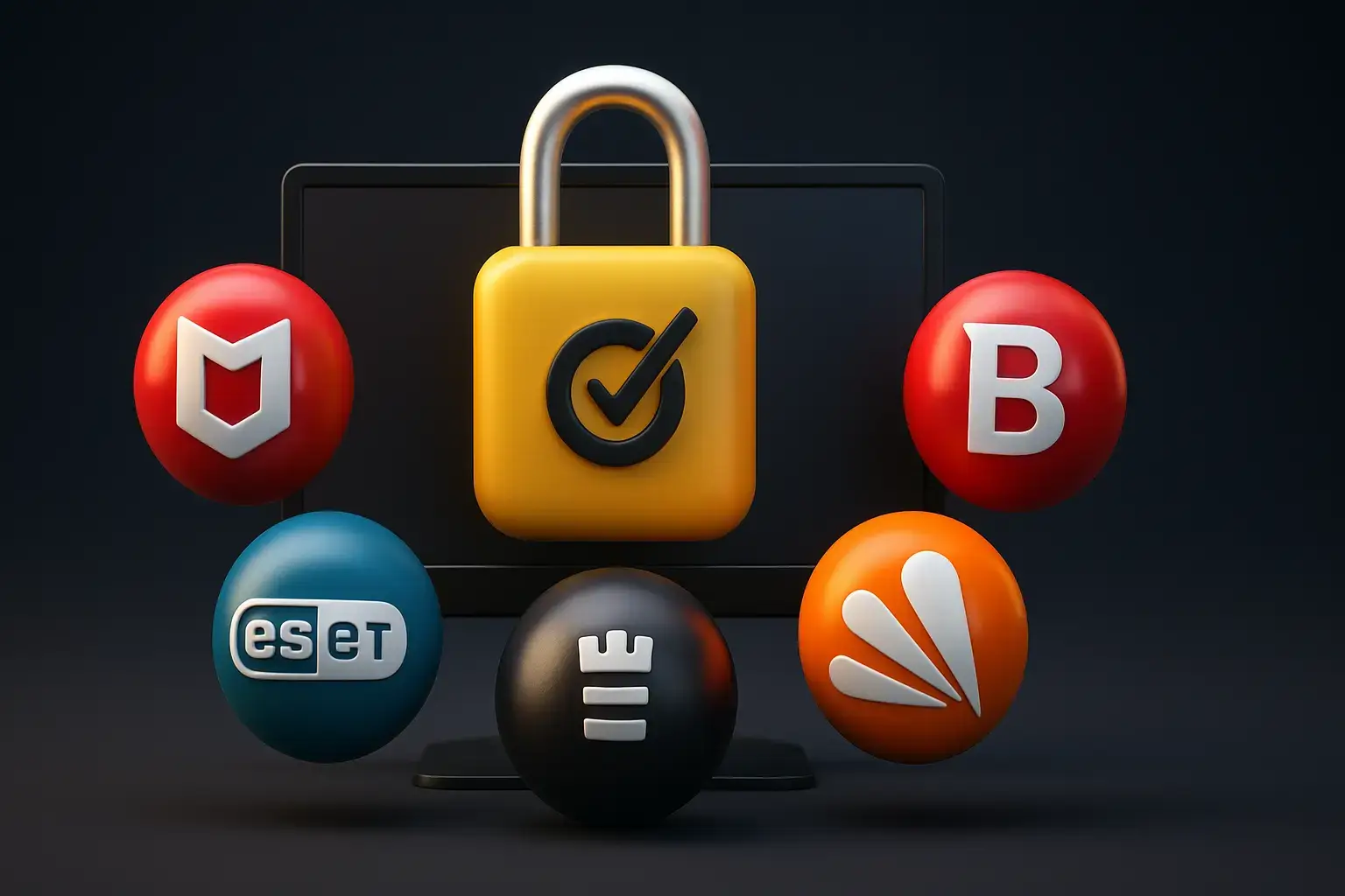 Antivirus logos surrounding a central Norton padlock icon on a monitor, symbolizing top Norton alternatives.