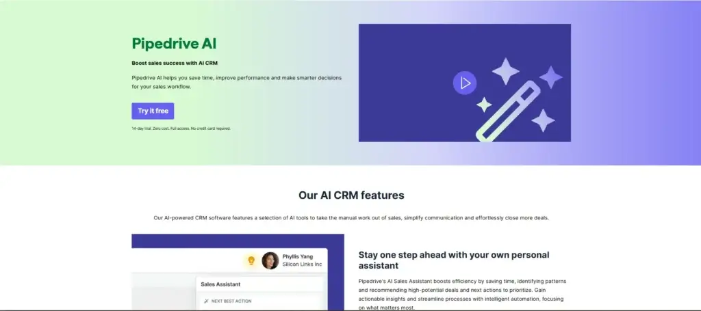 Pipedrive AI CRM landing page highlighting smart automation and visual sales assistant features