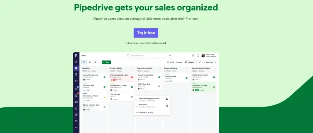 Pipedrive CRM pipeline interface displaying sales stages and individual deals in progress