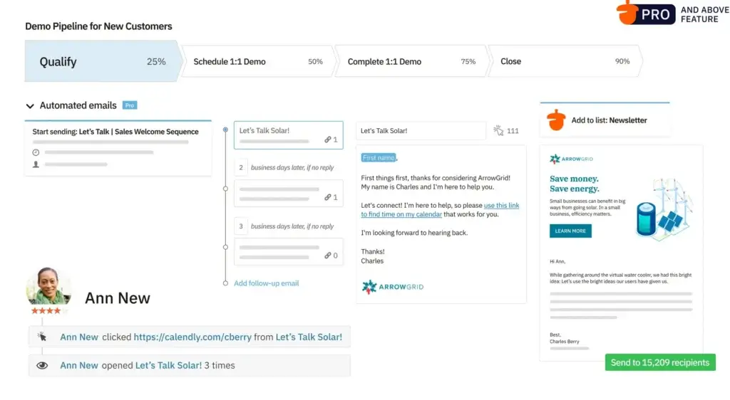 Nutshell CRM pipeline with automated email sequence and lead engagement tracking