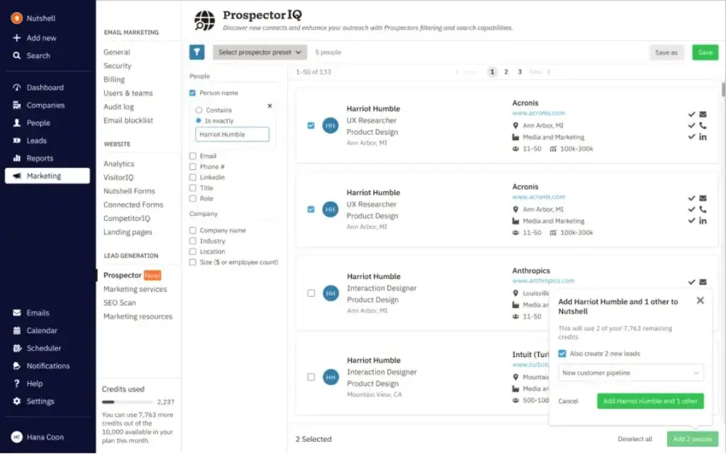 Nutshell CRM’s ProspectorIQ tool for lead generation with contact filters and lead creation