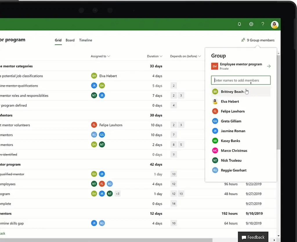 Microsoft Project interface showing an Employee Mentor Program project task list and a pop-up listing team members