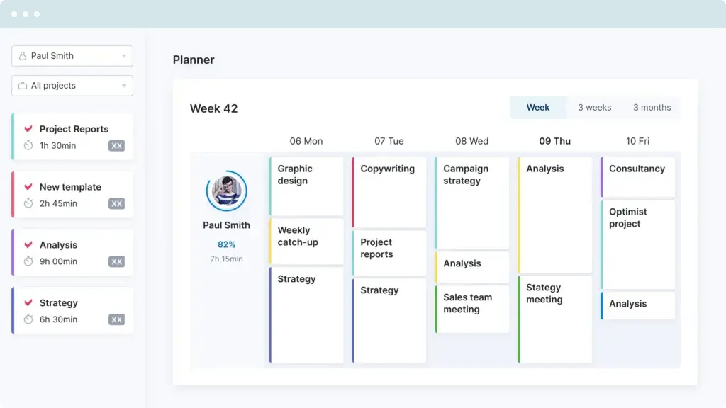 Scoro Planner view showing Paul Smith’s weekly schedule with color-coded tasks, time tracking, and team utilization percentage