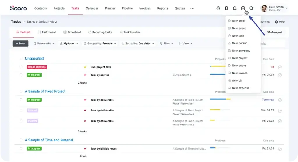 Scoro task management dashboard with filters, task grouping by project, and quick actions for creating new items