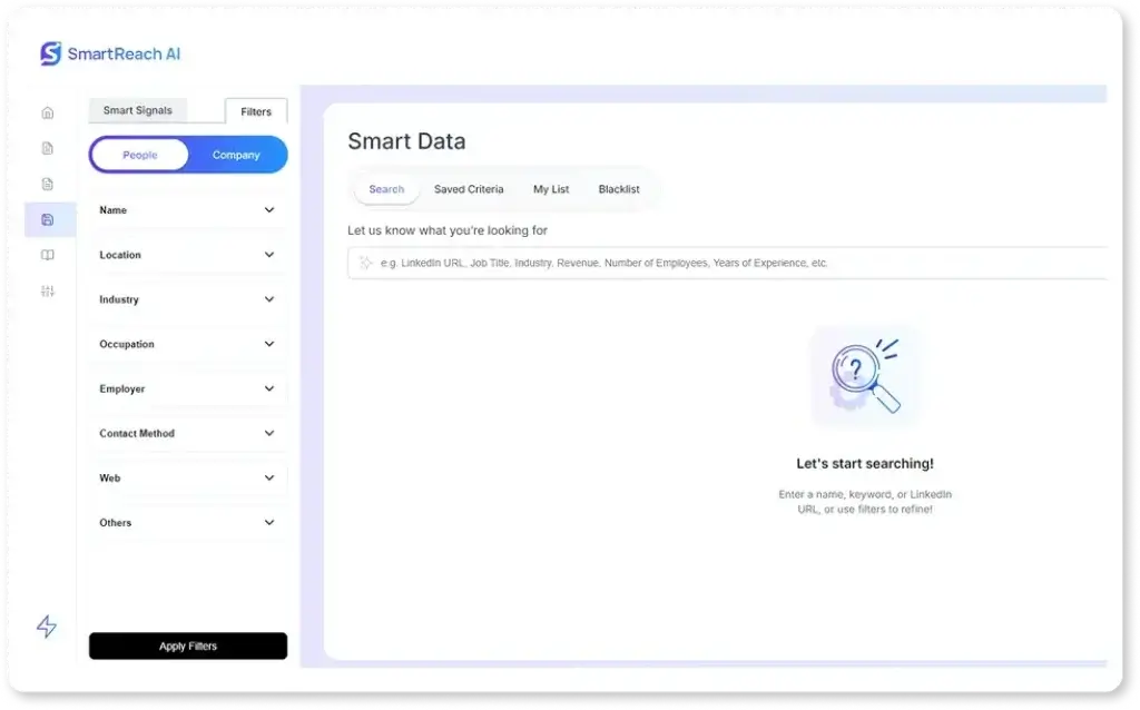 SmartReach AI interface showing Smart Data search filters for people and company lookup, with options like name, location, industry, and contact method.