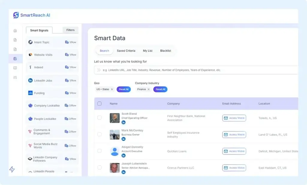 SmartReach AI showing Smart Signals in action, with a list of filtered prospects based on intent data, company insights, and job roles.